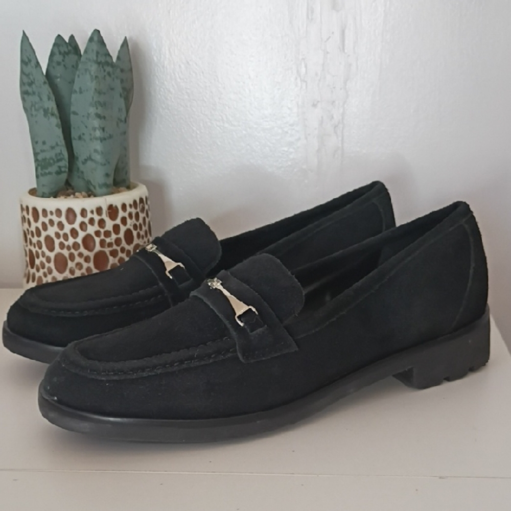 Talbots Black Suede Loafers with Silver Hardware Size 7.5